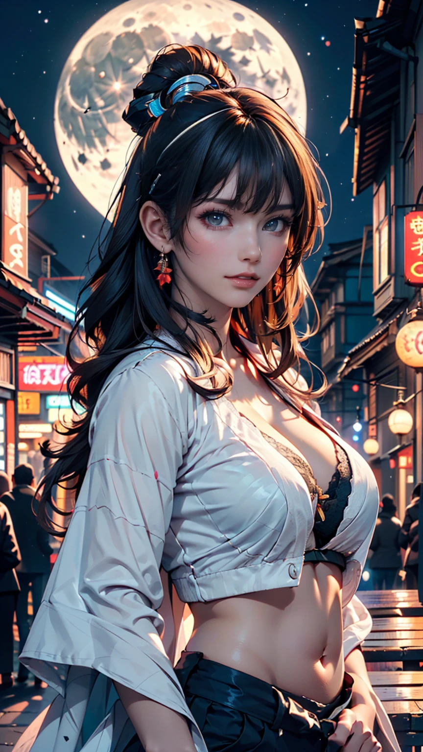 (Backlight,belly button:1.1,Black Hair),Beautiful woman in uniform in the bustling city of Gintama, Surrounded by sellers, Beautiful portrait of a stunning goddess girl, Beautifully detailed face, Porcelain-like skin, Half Body Shot, Centered,((moonlight,night,Big neon,Strong neon lighting,Rim Light,Two-tone lighting))),