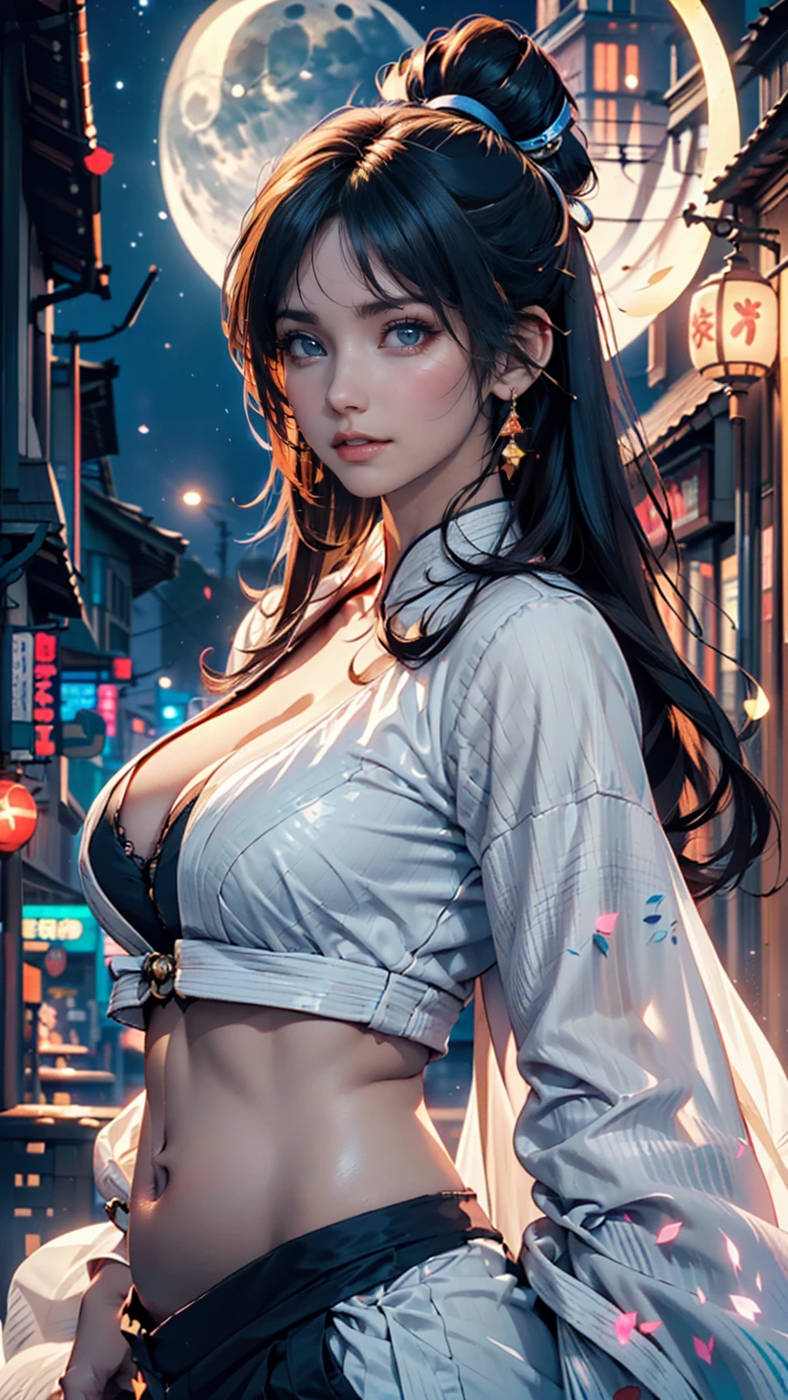 (Backlight,belly button:1.1,Black Hair),Beautiful woman in uniform in the bustling city of Gintama, Surrounded by sellers, Beautiful portrait of a stunning goddess girl, Beautifully detailed face, Porcelain-like skin, Half Body Shot, Centered,((moonlight,night,Big neon,Strong neon lighting,Rim Light,Two-tone lighting))),