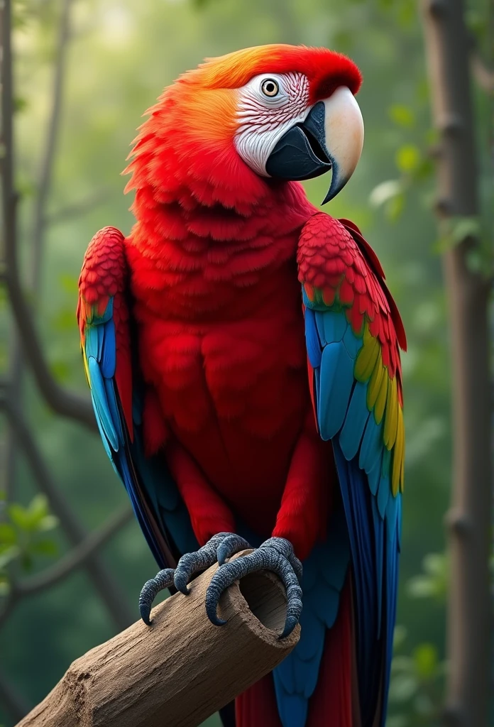 Red Macaw, big fit ass, realisitic, 3d, 8k, Adobe Illustrator, stark, bright coloured, thin-lines, on a tree trunk.