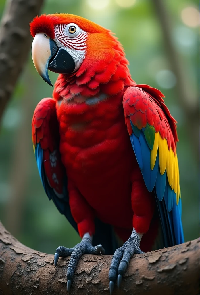 Red Macaw, big fit ass, realisitic, 3d, 8k, Adobe Illustrator, stark, bright coloured, thin-lines, on a tree trunk.