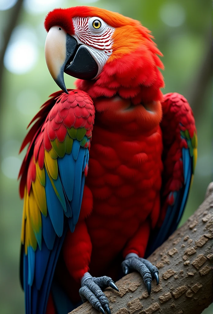 Red Macaw, big fit ass, realisitic, 3d, 8k, Adobe Illustrator, stark, bright coloured, thin-lines, on a tree trunk.