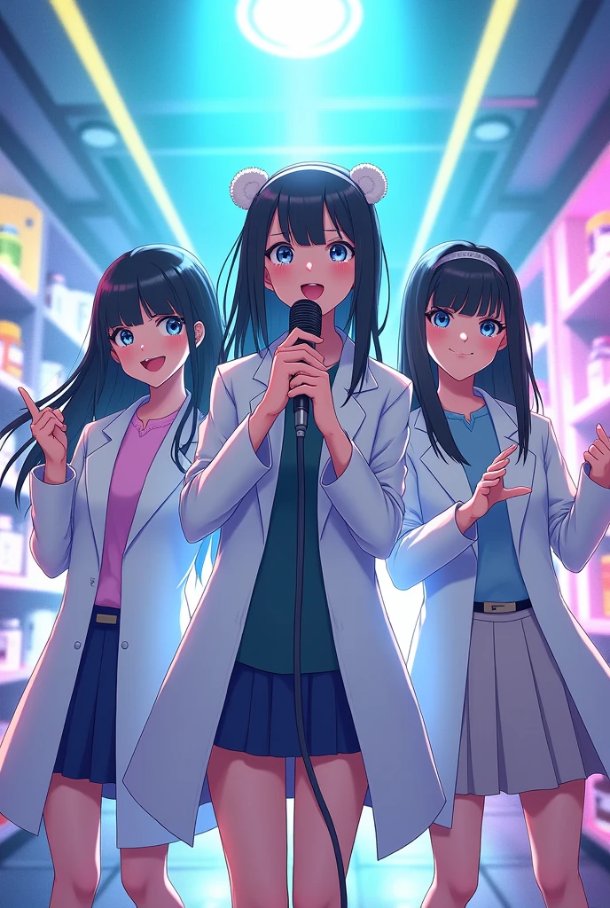 Inside the bright and vibrant pharmacy of the future、Three young girls standing in a row smiling。They are all wearing white coats、She is wearing a headband with polar bear ears on her head.。The girl in the center has black hair and blue eyes.、A person in a pharmacy with shining eyes々I sing songs to entertain。She has a microphone in her hand、It's as if they're firing bright techno pop melodies at the crowd.。
The two girls standing on either side also have black hair and blue eyes.、They are cheering for the singer in the center.、I'm dancing to the music。At their feet were several bottles and boxes of medicine.、Shows the professionalism of the pharmacy。
In the background, the interior of a pharmacy with a futuristic and colorful design spreads out.、The modern atmosphere further enhances the techno pop style they sing.。Overall, the scene is fun and full of positive energy.。
By using this prompt、This will help you create images based on the specific image you want.。