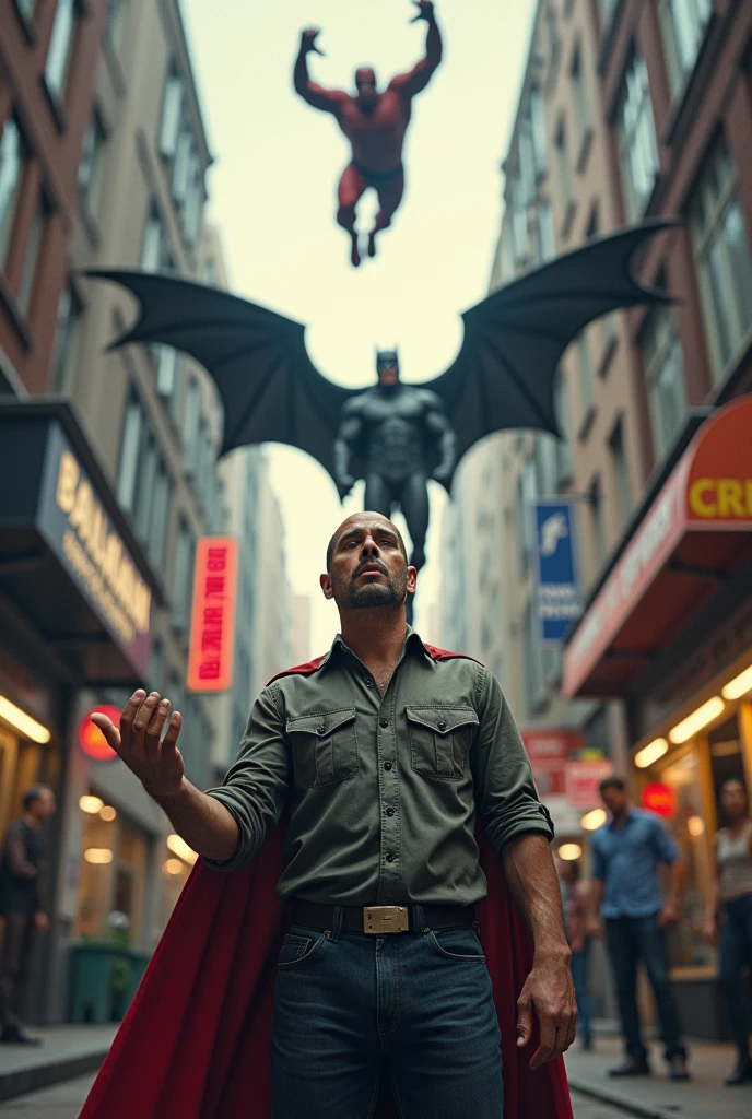 a small businessman holding in his empty hand. Justice League, saving you from chains that hold your business back