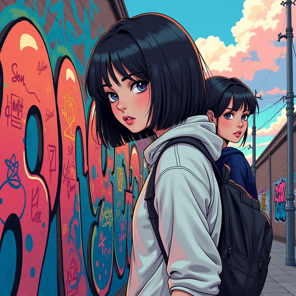 (Best Quality), masterpiece, Extremely detailed CG uniform 8K illustration, high color, extremely high color saturation, all the colors deepened, smart, graffiti art, center composition, extremely detailed lights and shadows, graffiti wall, wall smarted bright, 1 girl graffiti 1 girl looking at the wall, Extremely detailed face and eyes, Medium long hair, sportswear, colored clouds