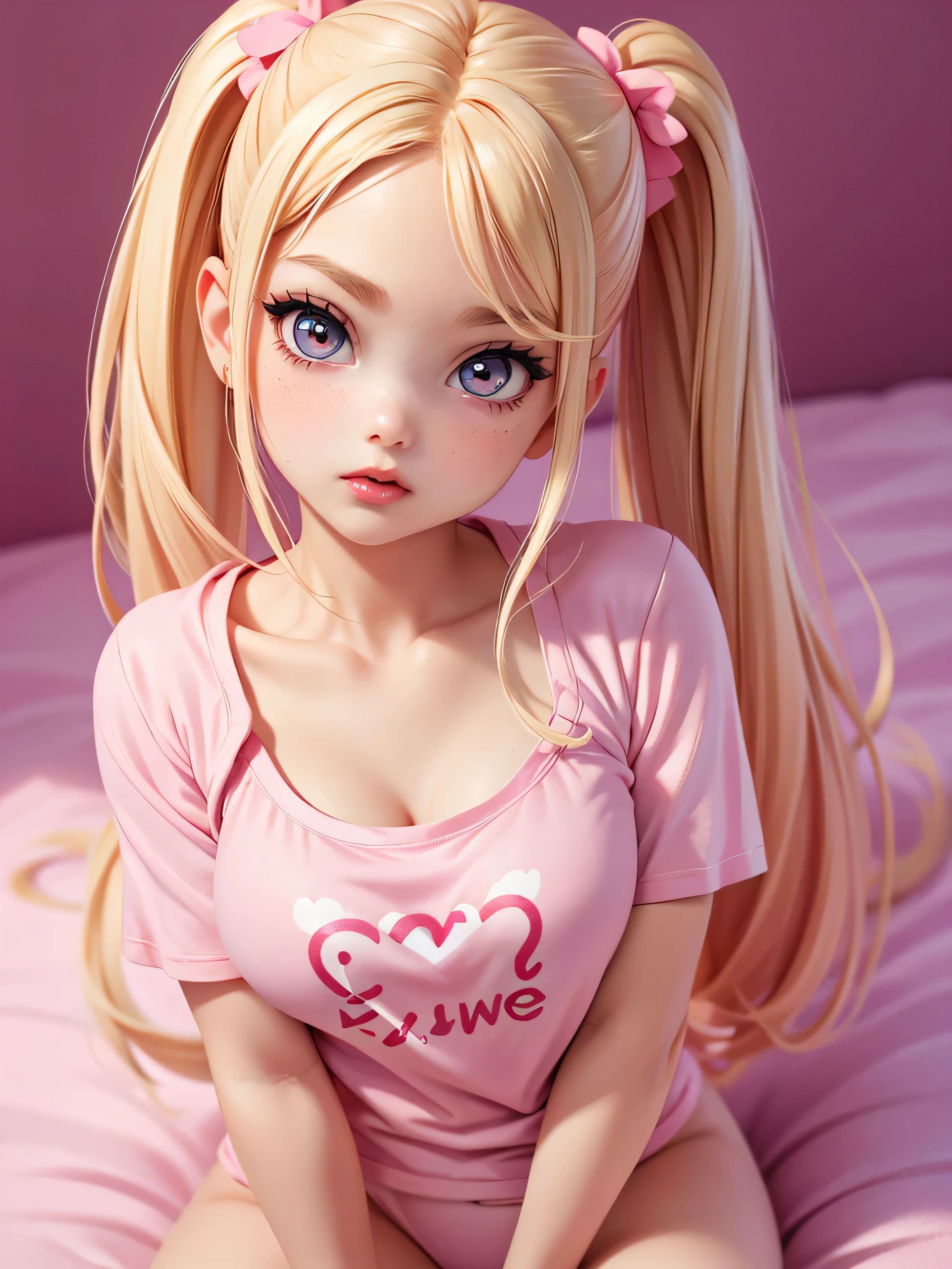 Surreal American Teen, Pink Blonde, perfect , sexy, Heavy makeup, Perfect slim face, Big Red Lips, Very cute face, , Big eyes, looks young, Mature appearance, sexy pijama t-shirt, Two ponytails, Pink Panties