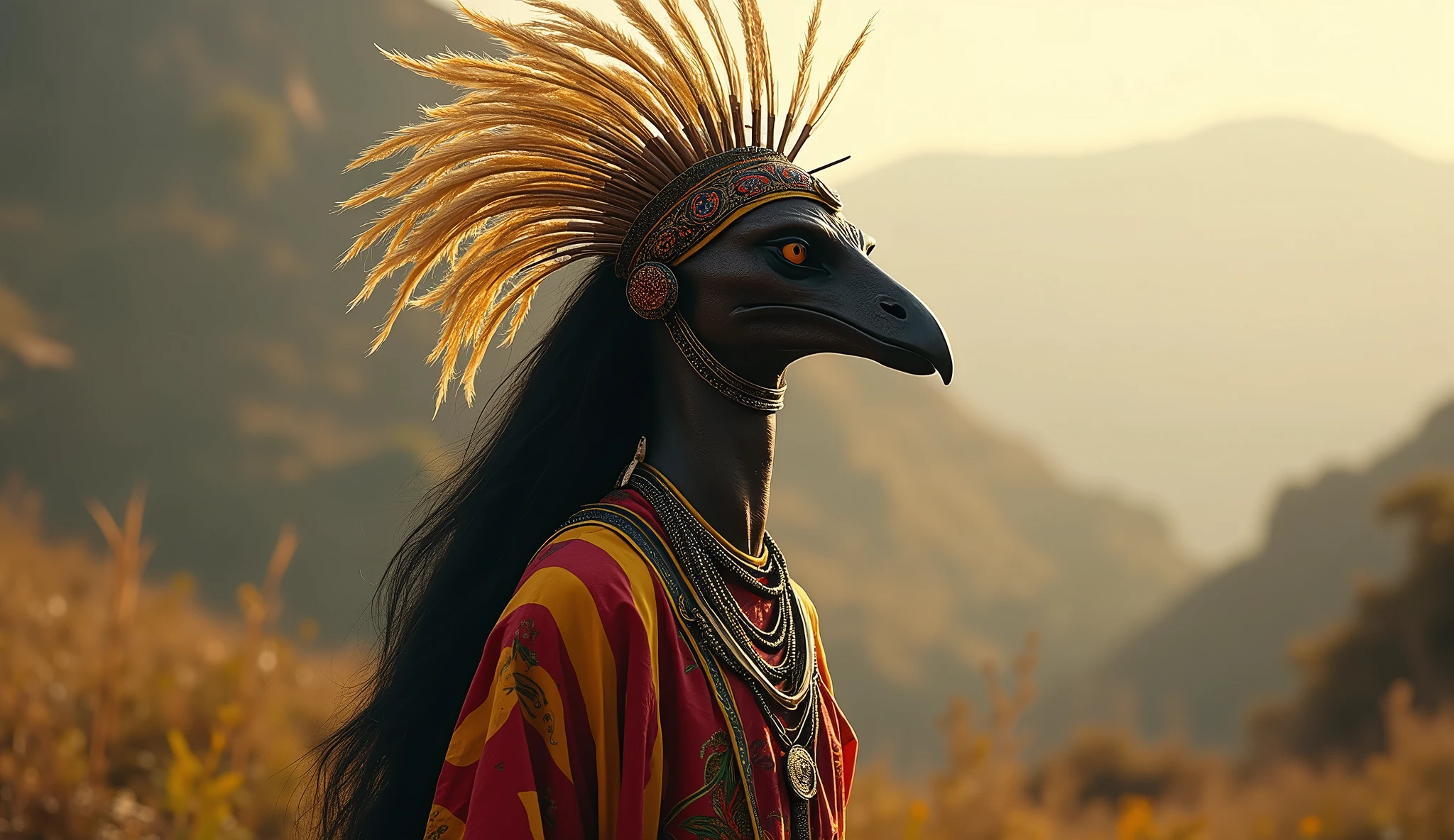 Uganda as an african League of Legend creature in striped black, red and yellow colors with a crowned crane. Intricated clothing. Cinematic Fantasy sci-fi landscape background