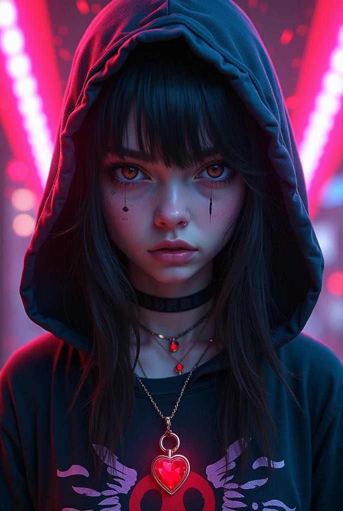 foreground,simple background,Background with neon rays of various colors,hyperdetailed,well defined details,hyper realistic,1 girl,graffiti hood,demon shirt,pierce,blood gem pendant