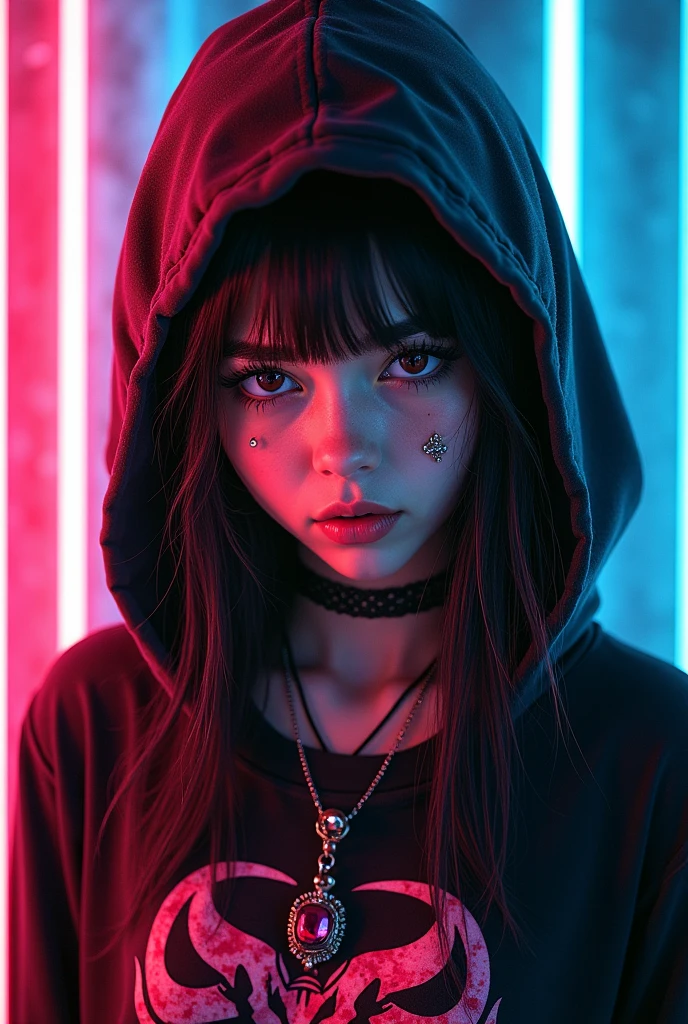 foreground,simple background,Background with neon rays of various colors,hyperdetailed,well defined details,hyper realistic,1 girl,graffiti hood,demon shirt,pierce,blood gem pendant