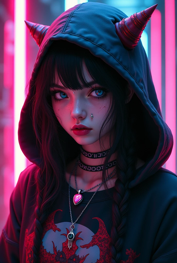 foreground,simple background,Background with neon rays of various colors,hyperdetailed,well defined details,hyper realistic,1 girl,graffiti hood,demon shirt,pierce,blood gem pendant