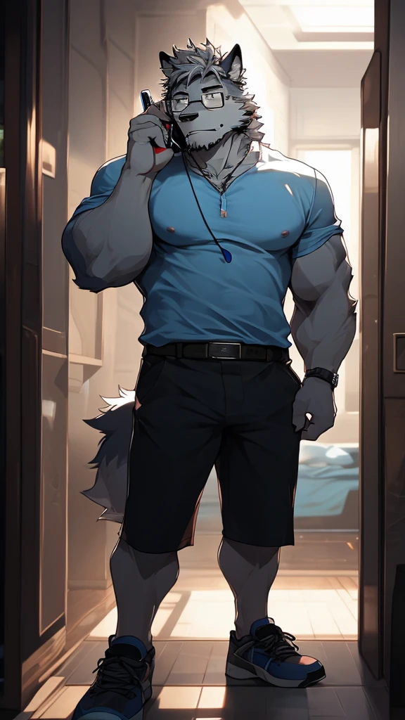 A Very Muscular Furry Gray Wolf. He is wearing A Blue short and white and Blue Shirt with a belt. He is sad with a sad Face on his face. He is looking at you. He have A Gray messy hair. His left hand is holding A Flip Phone and his right hand is on his leg. He is wearing a black glasses. He is standing