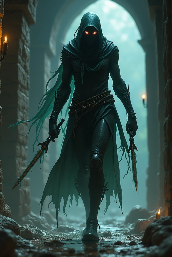 Slime Humanoid, Assassin clothes, daggers, dungeon