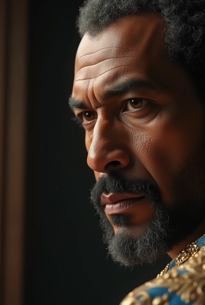 A close-up of King Ali's face, showing his firm but fair expression, as he delivers his verdict.