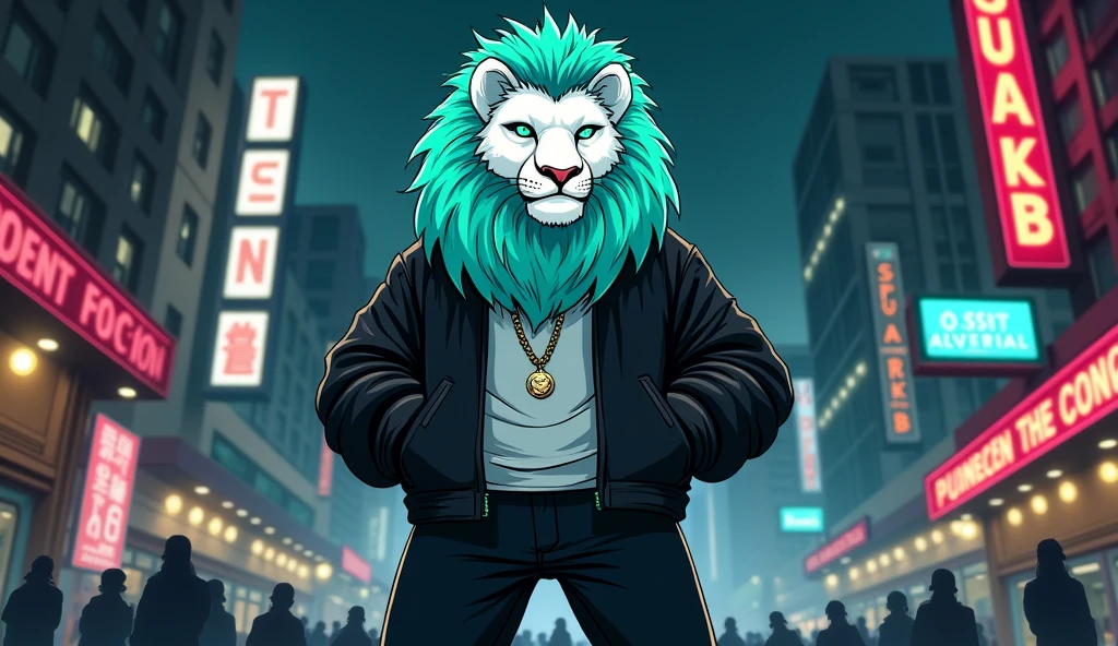 White lion with aquamarine green mane and aquamarine green eyes in a cartoon style, dressed in a black jacket and black pants, looking like a rapper standing on two legs on the street at night with an urban background that gets publicity..