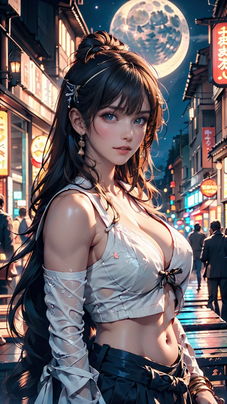 (Backlight,belly button:1.1,Black Hair),Beautiful woman in uniform in the bustling city of Gintama, Surrounded by sellers, Beautiful portrait of a stunning goddess girl, Beautifully detailed face, Porcelain-like skin, Half Body Shot, Centered,((moonlight,night,Big neon,Strong neon lighting,Rim Light,Two-tone lighting))),