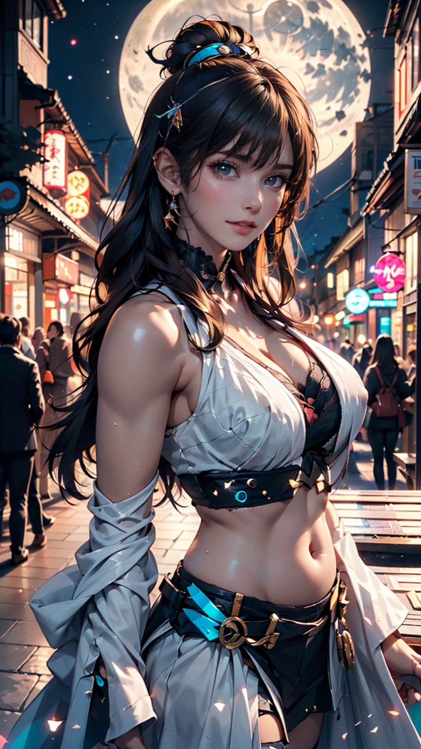 (Backlight,belly button:1.1,Black Hair),Beautiful woman in uniform in the bustling city of Gintama, Surrounded by sellers, Beautiful portrait of a stunning goddess girl, Beautifully detailed face, Porcelain-like skin, Half Body Shot, Centered,((moonlight,night,Big neon,Strong neon lighting,Rim Light,Two-tone lighting))),