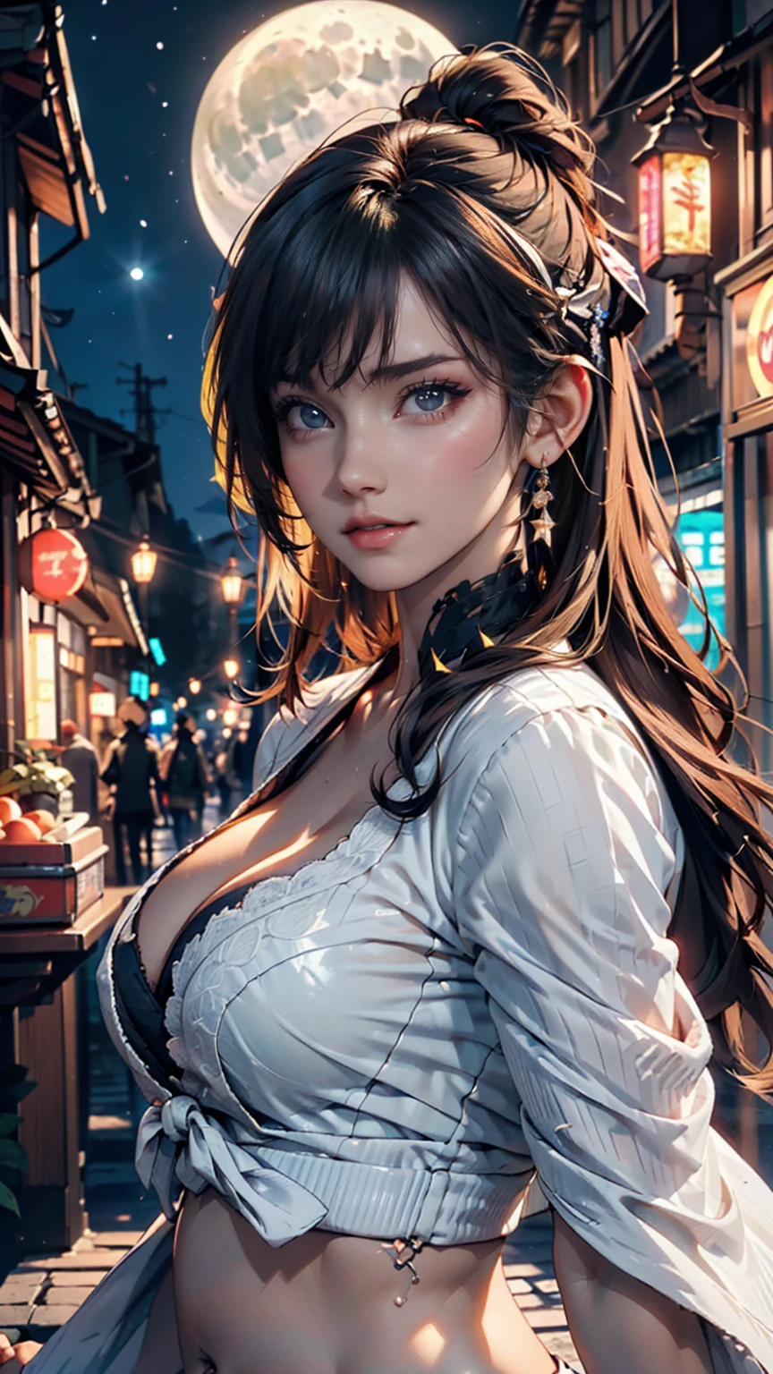 (Backlight,belly button:1.1,Black Hair),Beautiful woman in uniform in the bustling city of Gintama, Surrounded by sellers, Beautiful portrait of a stunning goddess girl, Beautifully detailed face, Porcelain-like skin, Half Body Shot, Centered,((moonlight,night,Big neon,Strong neon lighting,Rim Light,Two-tone lighting))),