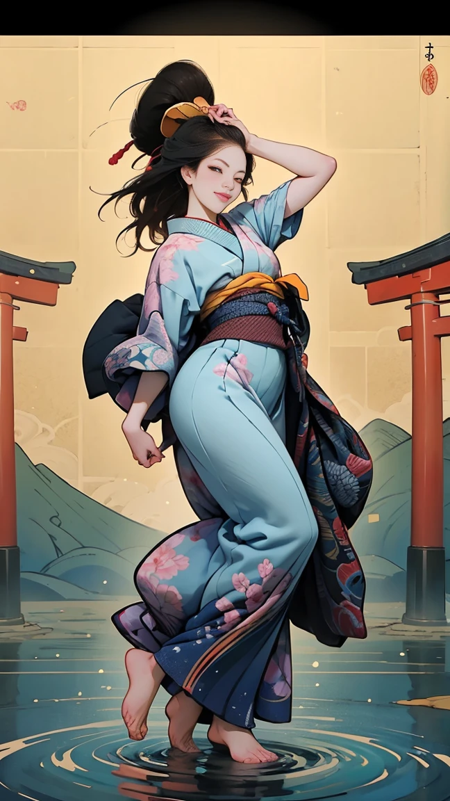 (Sea Art、I create amazing digital illustrations of beautiful women in kimonos)、Beautiful woman smiling showing her upper white teeth、Colorful Ukiyo-e style illustrations、Brown-black long hair、Beautiful full body style、If you want to dance, Dancing to Tokyo Ondo, Good good、Beautiful new digital paintings,、 Bright and vibrant digital anime art、Beautiful anime portraits、The background is the torii gate of a Japanese shrine...、Detailed digital anime art、