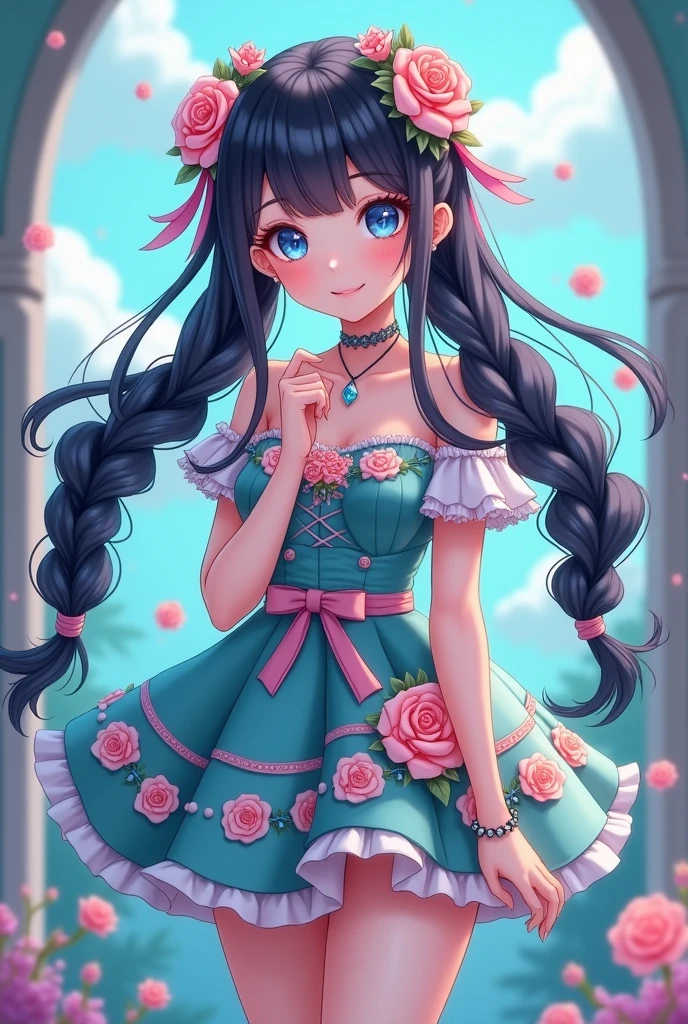 The girl wearing "coalfell sweet girl mermaid color theree-dimensional flower lolita pink" with wavy black hair that is quite long and smooth, have a two-parted fringe with a hairstyle "short braid on both sides of the top and leave some of the hair down" with each pink ribbon and rose in the braid, has a blue ruby diamond pattern eye type like athanasia with californian coral gradation underneath has soft and smooth white skin, and wear elegant high heels with a short skirt that shows part of the thighs (anime style lolita dress)