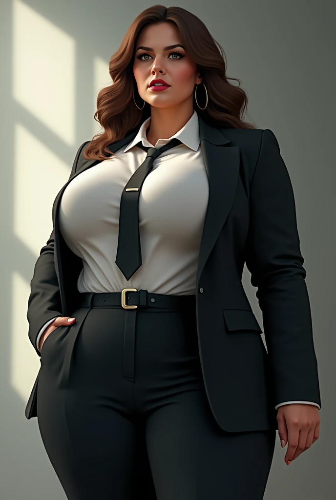 Exetremly big tits woman chest only has clothes on (suit for work ties on