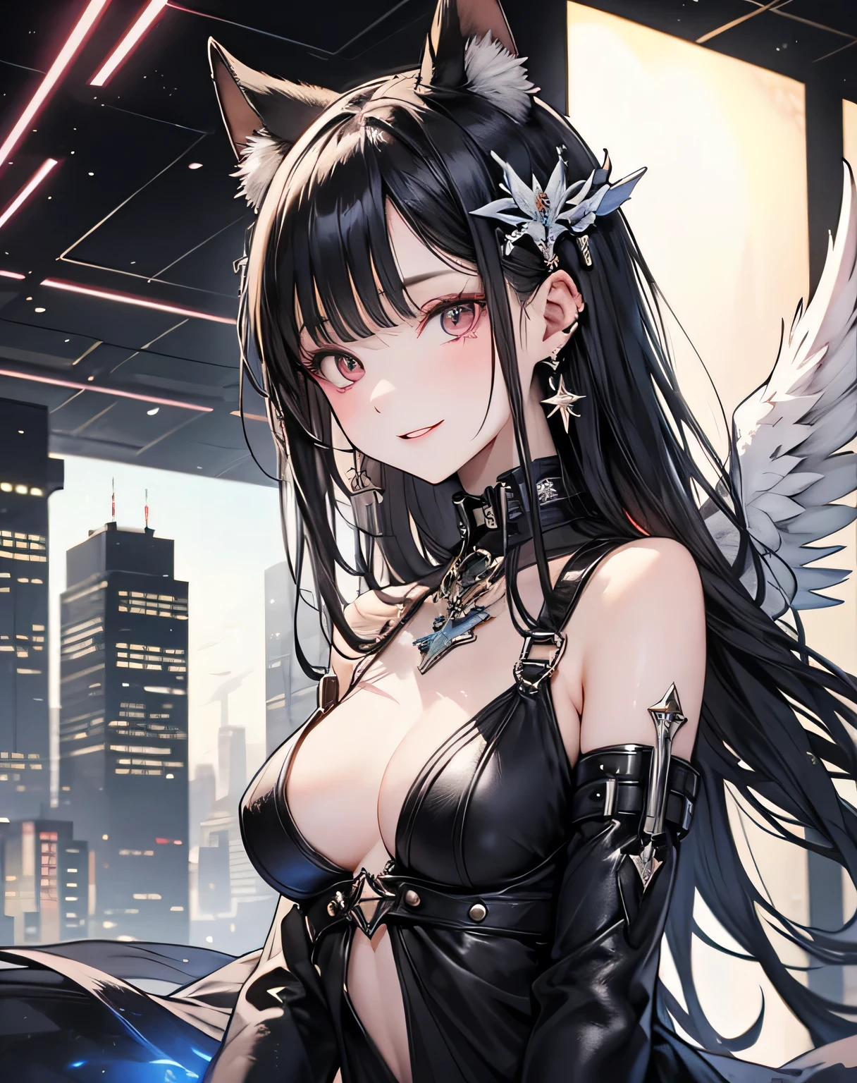 masterpiece,(Highest quality),Very detailed,Very detailed,One person,(メカnicalwing:,Glowing Eyes:green,:1.2,Long, thin ears:0.8),(Cyberpunk City:1.5,arms:Energy Blade),(Fantasy Landscape:1.2,Natural light:1.5,Confident expression),(Panorama:1.2), smile,angle,Angels, wing,,