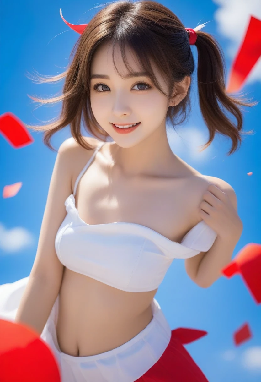 8K, Ultra-high resolution, best quality, masterpiece, 三分割法によるphoto,Surrealism, photo, 1 girl,LD:1.3), pretty girl, Cute face, Beautiful eyes in every detail, 細かくdetailedに,masterpiece,, A girl:1.2, Japanese female announcer, Blue sky, Confetti, Racing, banner, Small face, Very delicate expression, Delicate eye depiction, Very fine hair, Upper body close-up, , The only sexy Japanese woman, Healthy body shapeld woman, Racing皇后, Sexy long legs, Radiant Skin, soft skin, 派手なRacing皇后のコスチューム, Good tops,Red tight dress, White leather boots, Racing跑道,Beautiful leg line beauty,Attractive thighs,Full of sexiness,Sensual,A carefree smile,Heal the mind,Short Ponytail、beauty,Long Neck、Smile、Please close your mouth and smile、(((Ideal body shape))),A cup small breasts :2,、image:2、Perfect anatomical structure、鮮明なdetailed、detailed、Surrealism、Light and Shadow,glare