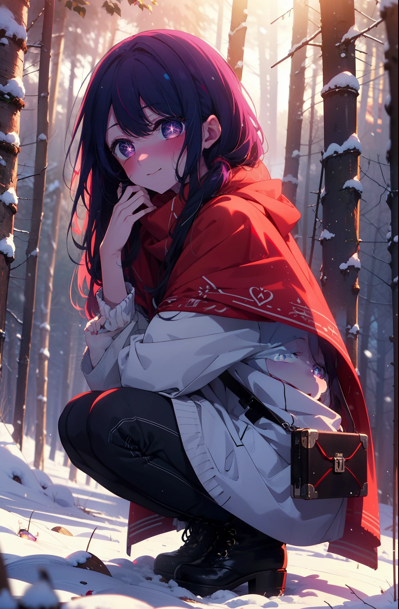 aihoshino, Ai Hoshino, Long Hair, bangs, (Purple eyes:1.1), Purple Hair, (Symbol-shaped pupil:1.5), smile,,smile,blush,white breath,
Open your mouth,snow,Ground bonfire, Outdoor, boots, snowing, From the side, wood, suitcase, Cape, Blurred, , forest, White handbag, nature, Squat, Mouth closed, Cape, winter, Written boundary depth, Black shoes, red Cape break looking at viewer, Upper Body, whole body, break Outdoor, forest, nature, break (masterpiece:1.2), Highest quality, High resolution, unity 8k wallpaper, (shape:0.8), (Beautiful and beautiful eyes:1.6), Highly detailed face, Perfect lighting, Extremely detailed CG, (Perfect hands, Perfect Anatomy),