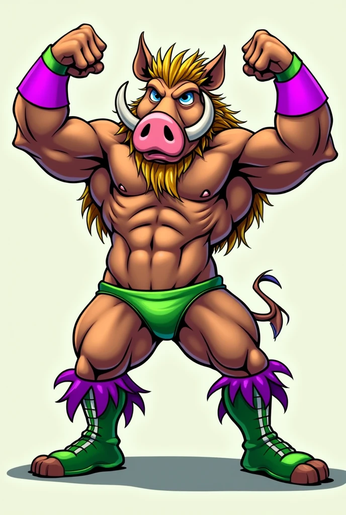 cartoon warthog dressed like WWE wrestler the ultimate warrior
cartoon warthog head. cartoon warthog face. cartoon warthog body. cartoon warthog arms. cartoon warthog hands. cartoon warthog legs.
Muscular. Long finally blond hair. Neon purple stings tied around biceps. Green underwear. Green wrestling boots. Purple fring in boots.