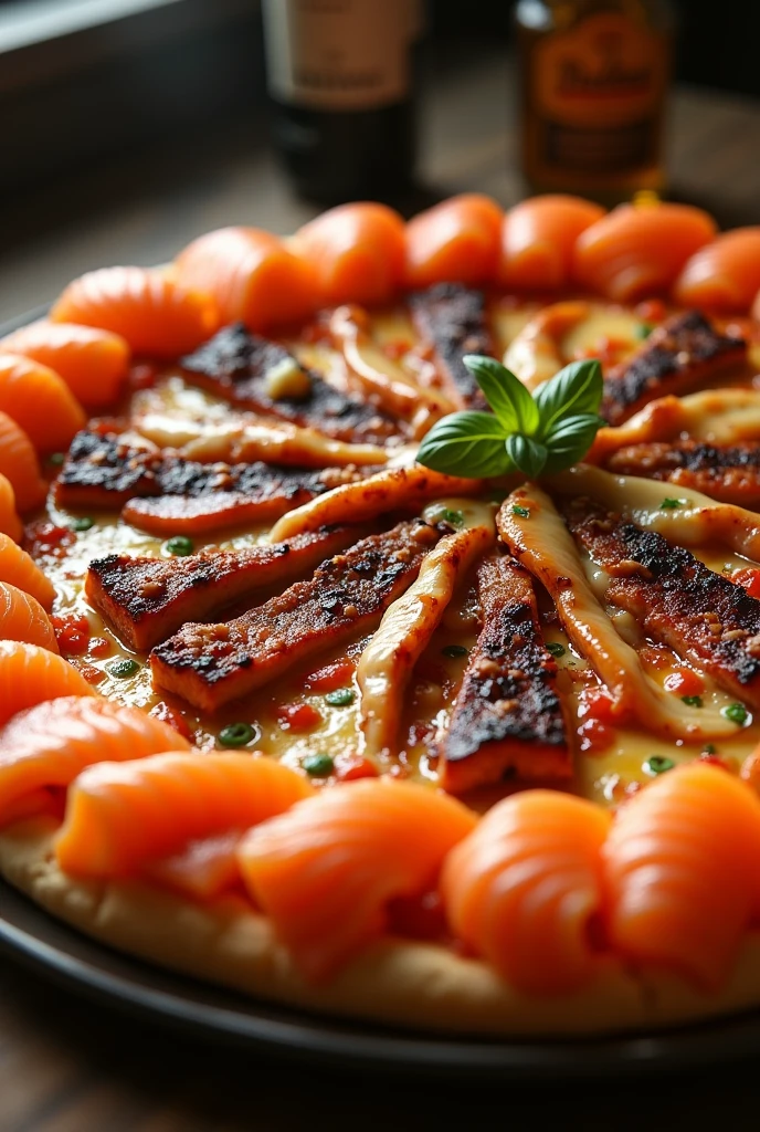 A very large pizza with lots of mozzarella, edge made of salmon sushi and in the center of the pizza a quantity of barbecue meat preferably coupon and also barbecue chicken and barbecue cheese