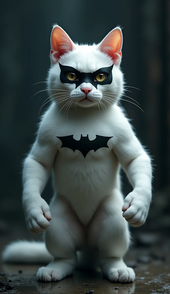 A sturdy white cat that looks like Batman