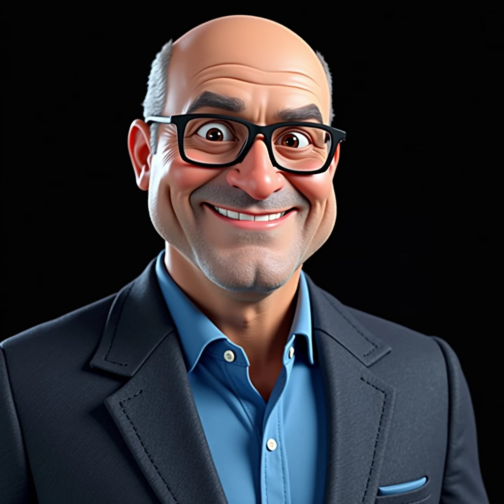 Cartoon character of a man in black glasses and blue shirt, animation character, stylized character, animation style rendering, 3d stylized, Arnold Maya rendering, Stylized 3D rendering, toon render screenshot, 3d character, 3d character, Stylized 3D rendering, 3D character rendering, cartoon character, Personagem de close up, character posing, (Pixar-style) (master part:1.2) (bokeh) (best qualityer) (skin detailed) (detailed texture) (8k) (Argilla) (cinematic lighting) (sharp focus) bald man in glasses full length white background