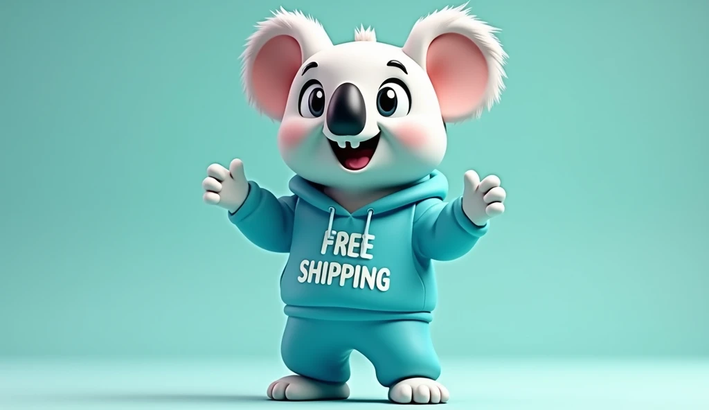 In the middle of the scene, place a delivery motorbike and write Free Shipping on top and next to it, make the koala mascot with the blue outfit leaning with its back in the right corner..