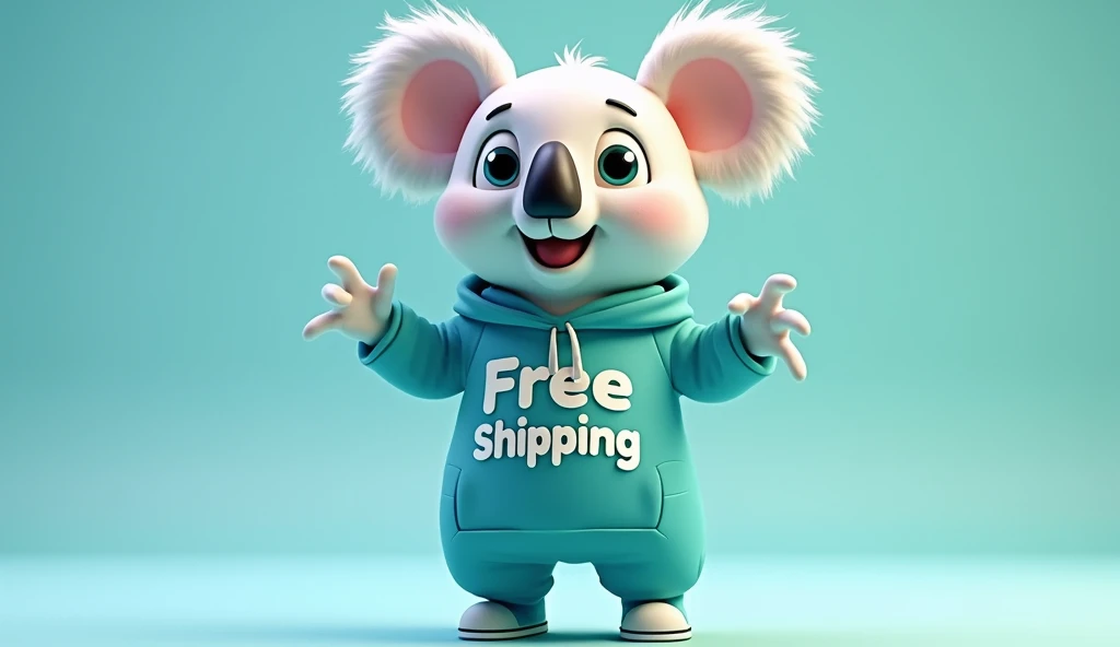 In the middle of the scene, place a delivery motorbike and write Free Shipping on top and next to it, make the koala mascot with the blue outfit leaning with its back in the right corner..