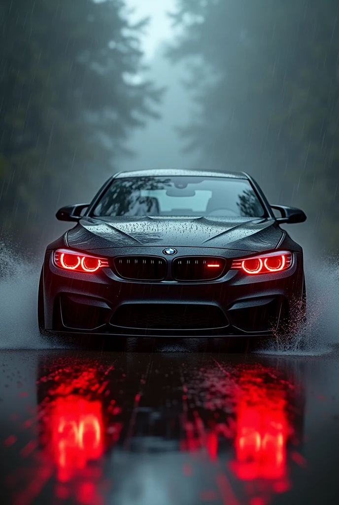 A black bmw car with red eyes in driving in rain
