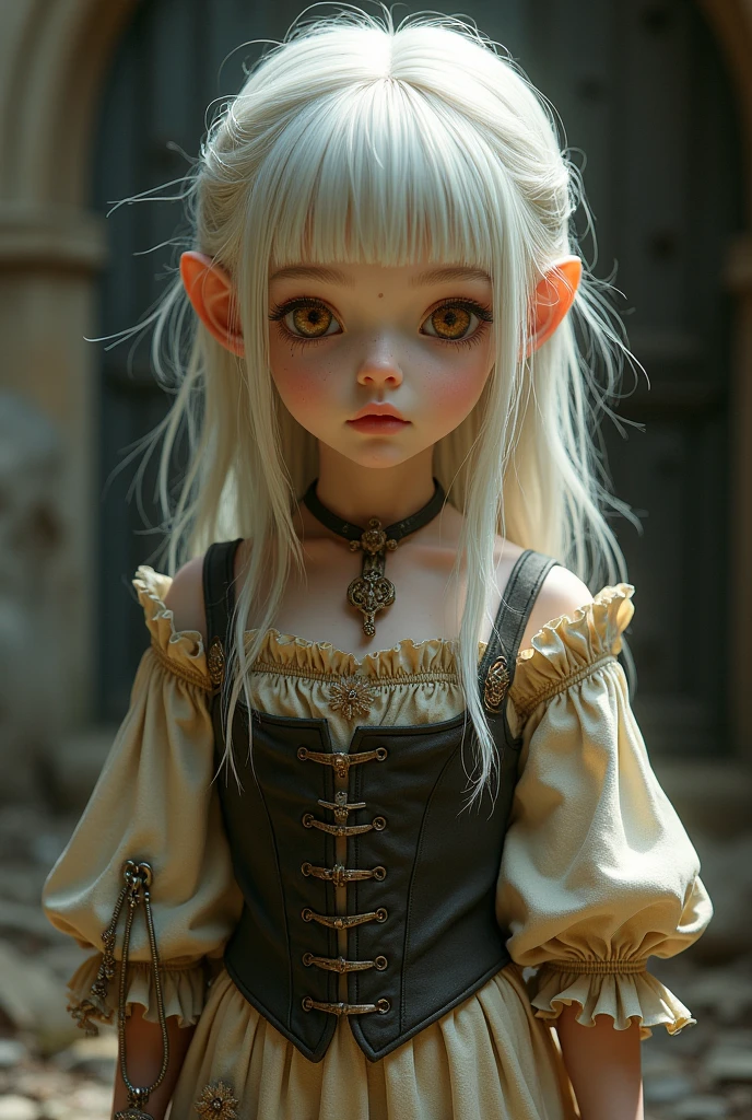 A with fair skin and light blonde hair, one eye caramel and the other light brown, a dirty medieval dress with the corset on top, a feel with a small knife