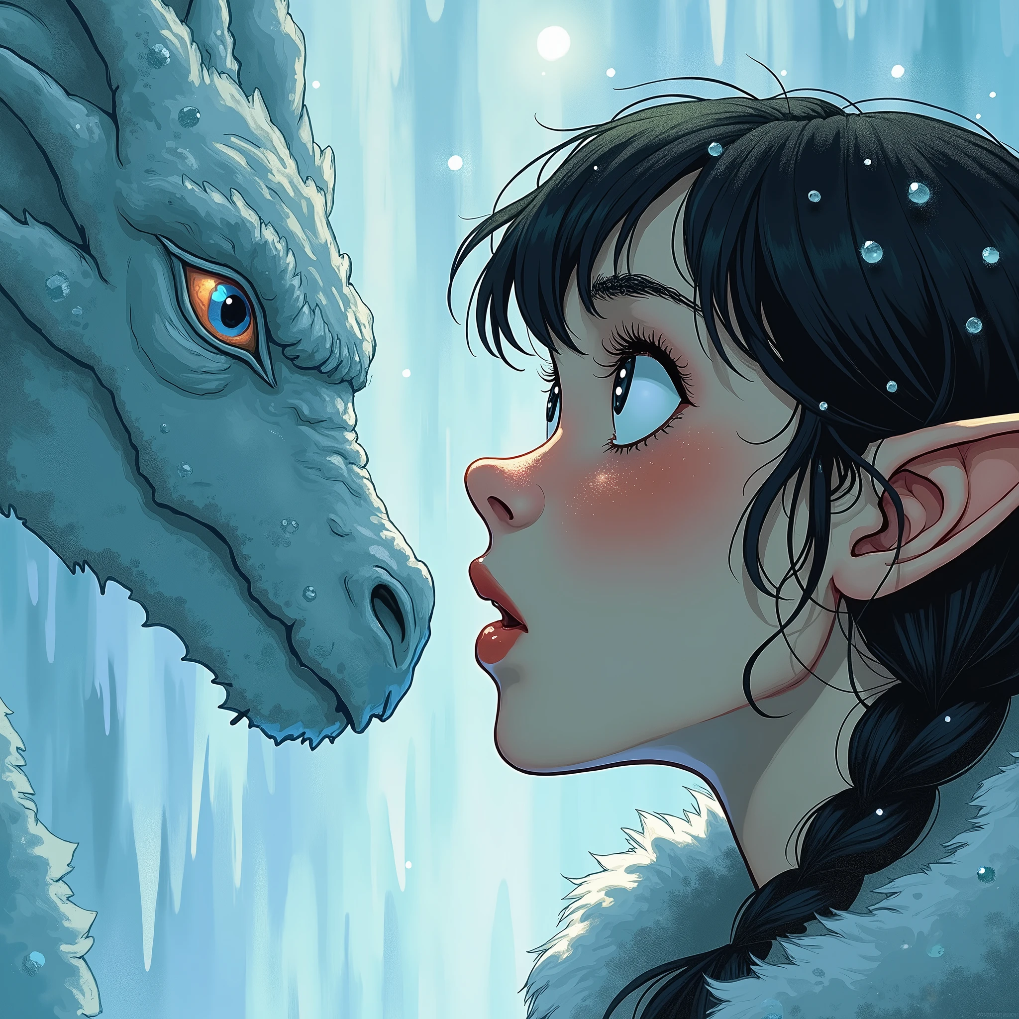 ART BY MIKE MIGNOLA, The Breath of Revelation: The close-up captures a moment of epiphany on the elf's face. His eyes are wide and filled with a surprised and amazed gleam., as she gazes upon the majesty of the frozen dragons. Her cheeks are flushed from the combination of cold and emotion., and her lips are parted in a sigh of admiration. The surrounding ice reflects a soft light, creating a halo around your face and accentuating the intensity of your