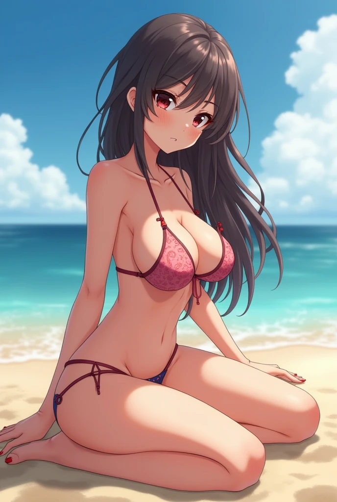 Sexy hot anime, girl, in a beach, sitting on sand, wearing none, 8k, extra hd, big boobs, while doing sex with a man, nice vagina, doing blowjob