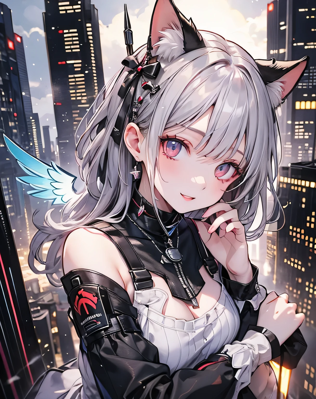 1 girl, White elf girl, Beautiful woman pink twin tail long hair、short clothes in cyberpunk style、Put on cat ears、Glaring at the Viewer、facing forward、A slight smile、beach、Palms shoulders show. Fishnet fabric, round chin shape. wear a black hood over your hair. shows the entire upper body and face. wears a black hood, lots of flairs in the background, zoomed out, Black and white. glowing,