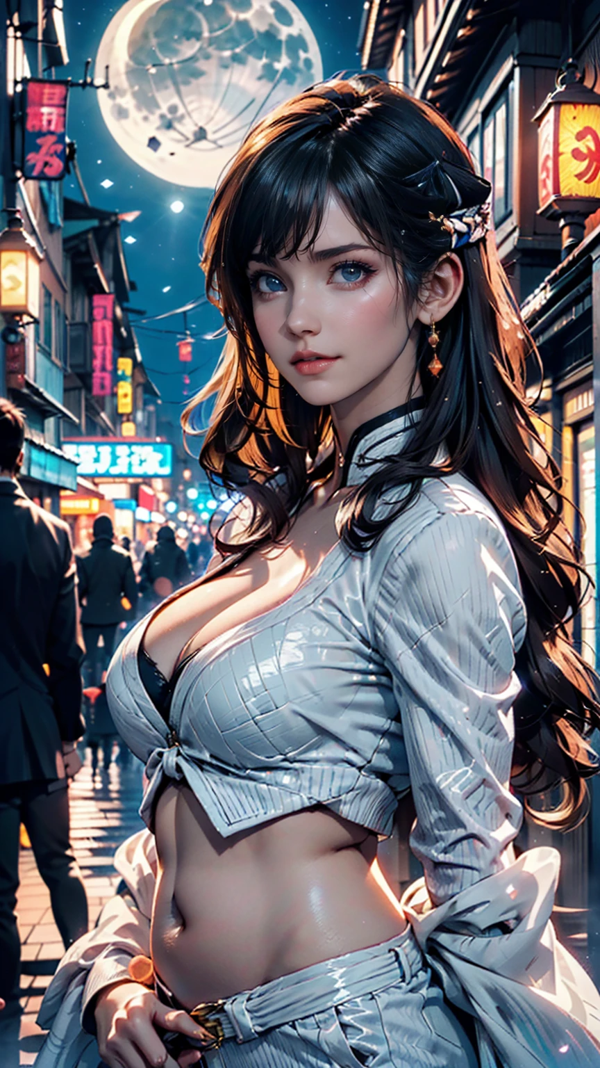 (Backlight,belly button:1.1,Black Hair),Beautiful woman in uniform in the bustling city of Gintama, Surrounded by sellers, Beautiful portrait of a stunning goddess girl, Beautifully detailed face, Porcelain-like skin, Half Body Shot, Centered,((moonlight,night,Big neon,Strong neon lighting,Rim Light,Two-tone lighting))),