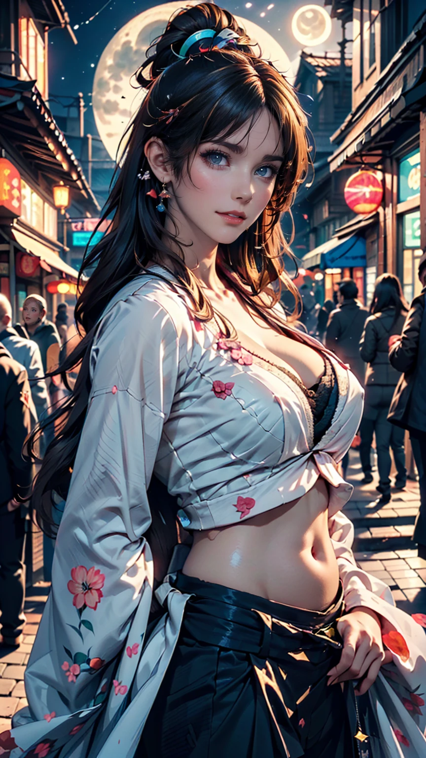 (Backlight,belly button:1.1,Black Hair),Beautiful woman in uniform in the bustling city of Gintama, Surrounded by sellers, Beautiful portrait of a stunning goddess girl, Beautifully detailed face, Porcelain-like skin, Half Body Shot, Centered,((moonlight,night,Big neon,Strong neon lighting,Rim Light,Two-tone lighting))),