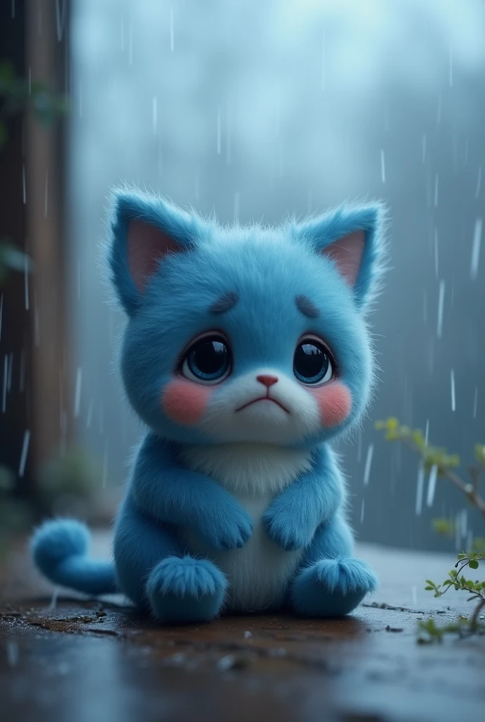 Create a cute and cuddly animated character that represents the emotion sadness, whose characteristic color is deep blue