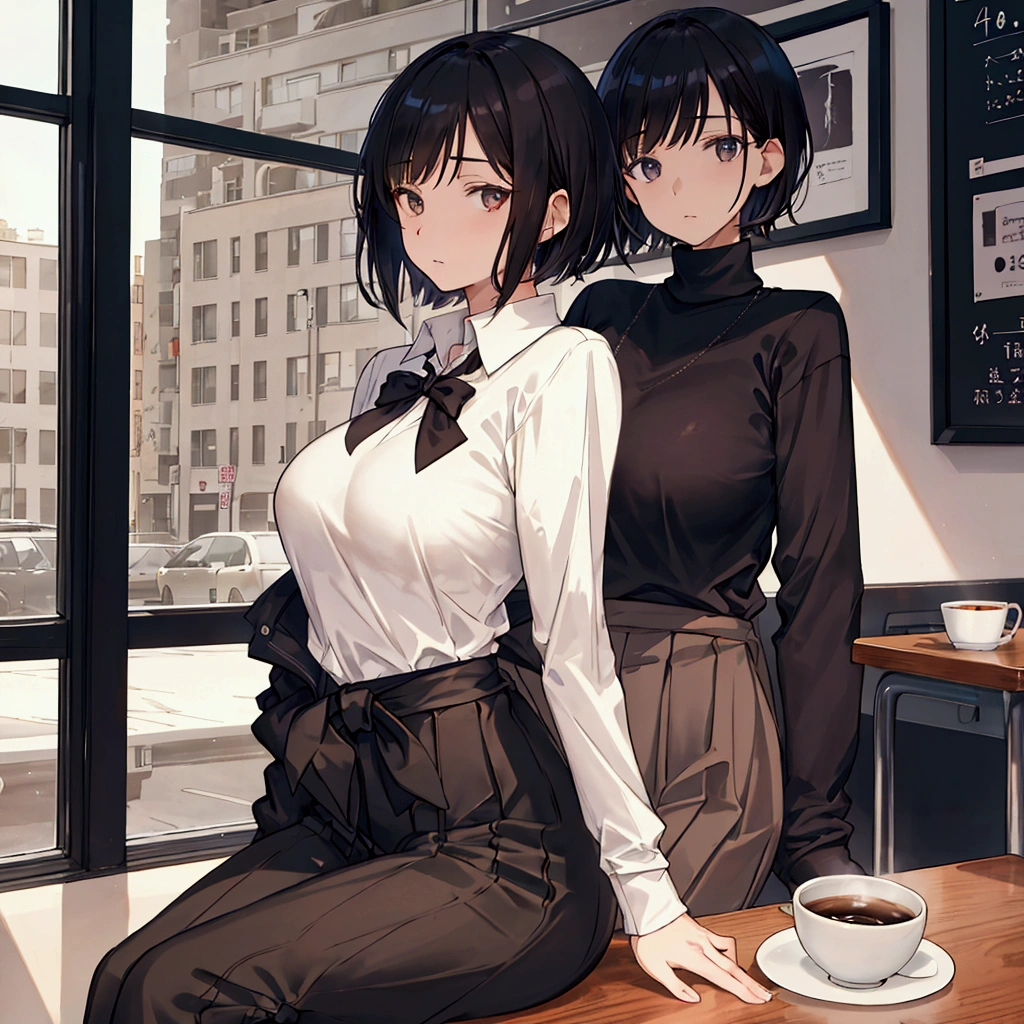 Coffee shop background, school uniform, dark sweater, tied sweater on hips,  1woman, solo, dark hair, short hair, shining hair, medium-large breast, sitting behind table, facing viewer, arrogant,