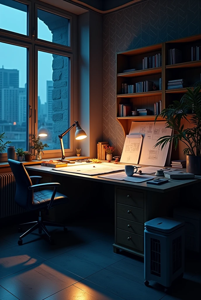 room of a busy architect without the person at midnight wallpaper
