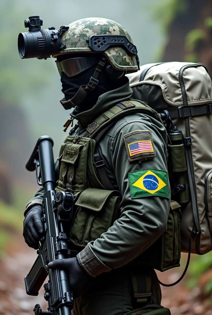 Create a soldier with the MK14 weapon wearing a camouflage helmet and a large thermal camera attached to the helmet. wearing a black and green camouflage vest with the Brazilian flag and a large white backpack on his back