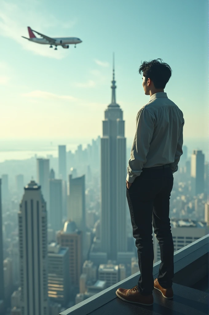 Asain guy stand on sky  scraper and he see plane heading to sky scraper 