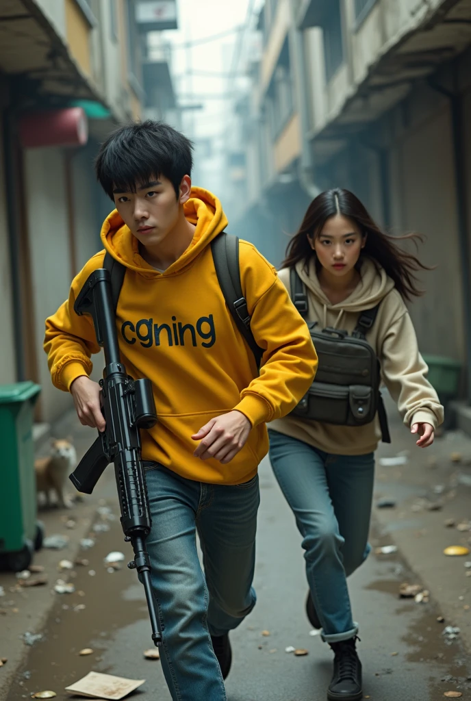 8K,realistic photo、realistic skin texture、young korean hansome jaket hoodie yellow texs "R Ganing" and Beautiful Japanese women living in America、back alley in the city、garbage scattered on the street、Garbage can、stray cat、dirty shirt and jeans、nike air force 1 sneakers、bulletproof vest、automatic rifle、short cut hair、urban warfare、involved in an incident、Counterattack begins、It is dirty、moving action pose、、Dramatic and bold composition、Half body、muscle、Zoom out、fiction、Bird's-eye view