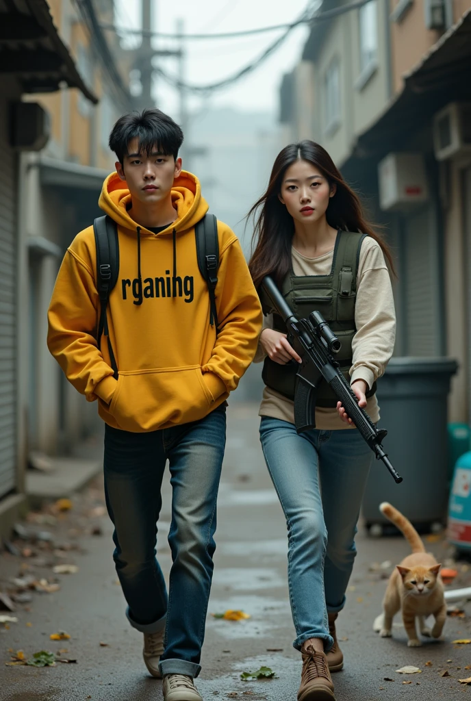  ８K,realistic photo、realistic skin texture、young korean hansome jaket hoodie yellow texs "R Ganing" and Beautiful Japanese women living in America、back alley in the city、garbage scattered on the street、Garbage can、stray cat、dirty shirt and jeans、nike air force 1 sneakers、bulletproof vest、automatic rifle、short cut hair、urban warfare、involved in an incident、Counterattack begins、It is dirty、moving action pose、、Dramatic and bold composition、Half body、muscle、Zoom out、fiction、Bird&#39;s-eye view
