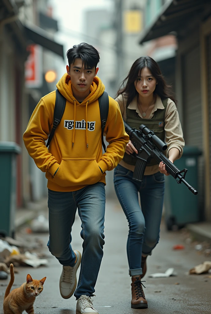 8K,realistic photo、realistic skin texture、young korean hansome jaket hoodie yellow texs "R Ganing" and Beautiful Japanese women living in America、back alley in the city、garbage scattered on the street、Garbage can、stray cat、dirty shirt and jeans、nike air force 1 sneakers、bulletproof vest、automatic rifle、short cut hair、urban warfare、involved in an incident、Counterattack begins、It is dirty、moving action pose、、Dramatic and bold composition、Half body、muscle、Zoom out、fiction、Bird's-eye view