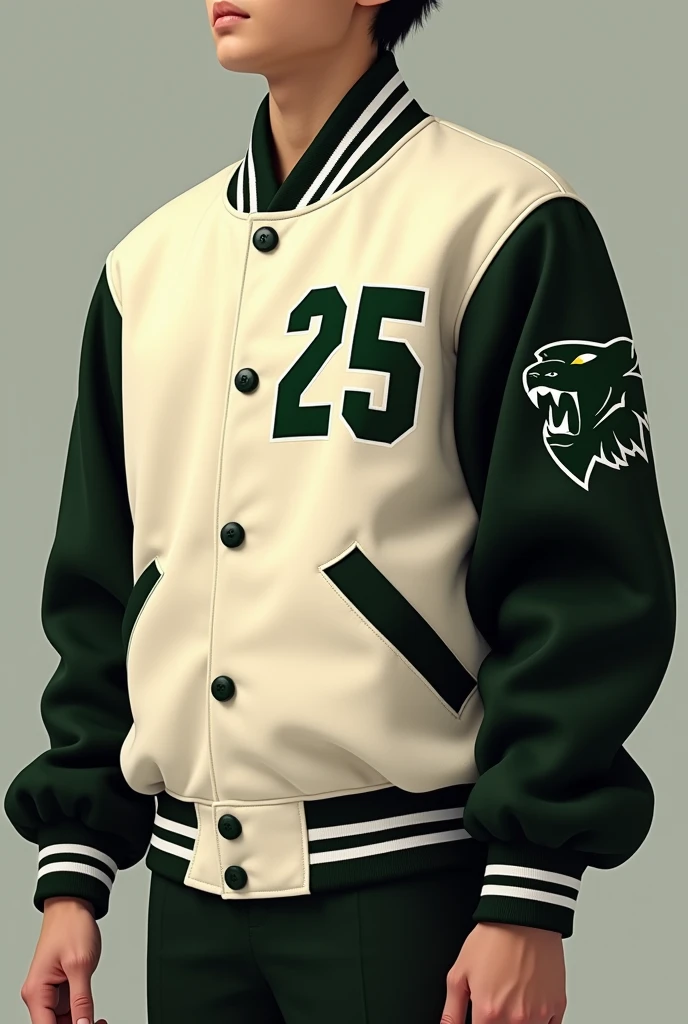varsity jacket, very small touches of green for a school with the number 25 on the left arm and a small panther somewhere on the sleeve, that the sleeves are black and the torso in cream color