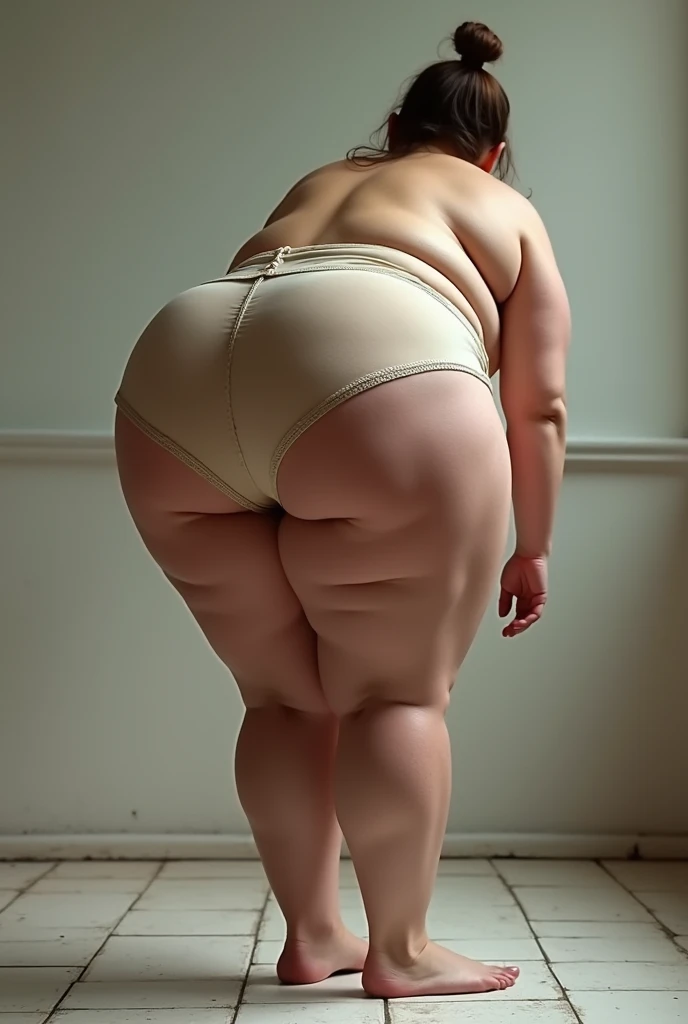 A thin woman with giant buttocks in panties bending over, morbydle obese