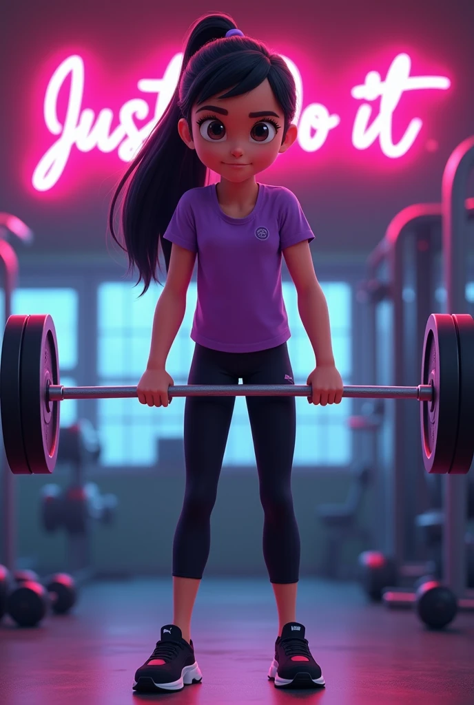 Pixar style poster with a girl in the gym, combed with ponytail black and straight hair, Purple sleeved blouse and black sports leggings, black tennis shoes, lifting a barbell in the hands. In the background you can see dumbbells with exercise machines and a neon pink sign on the wall that says: Just do it